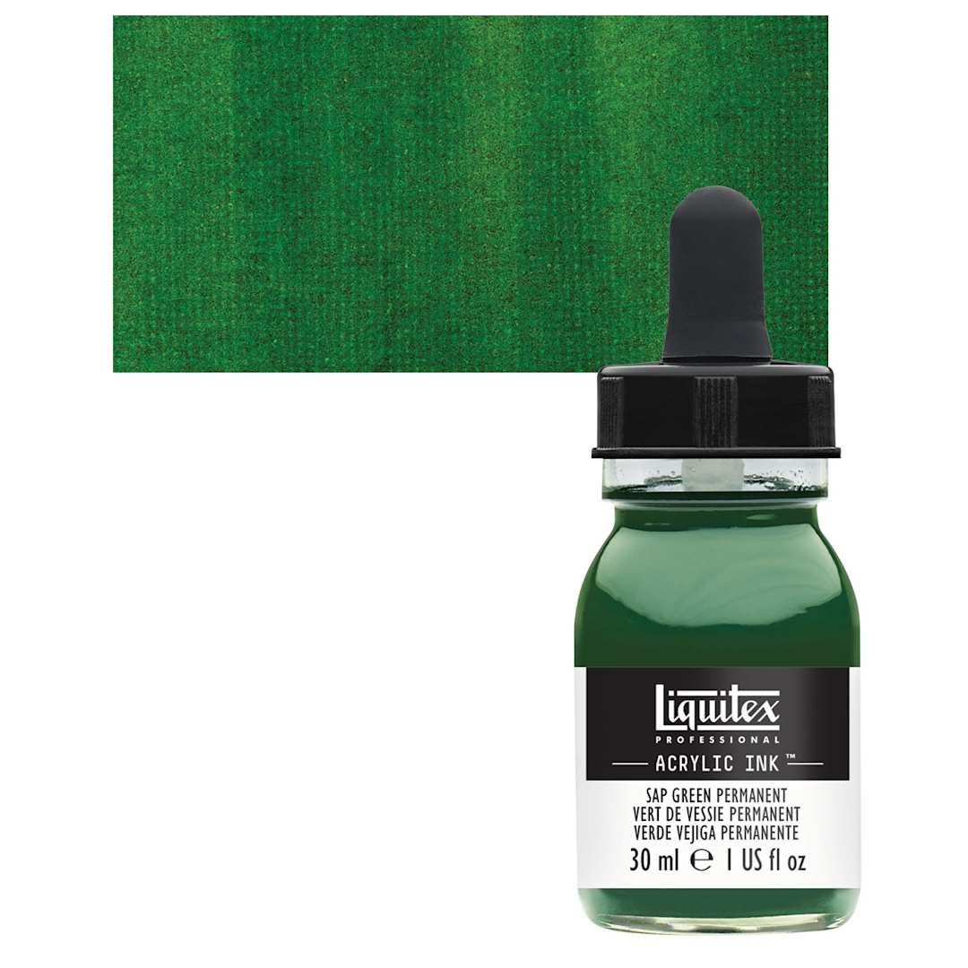 Open in modal - Liquitex Professional Acrylic Ink - Sap Green Permanent bottle and swatch