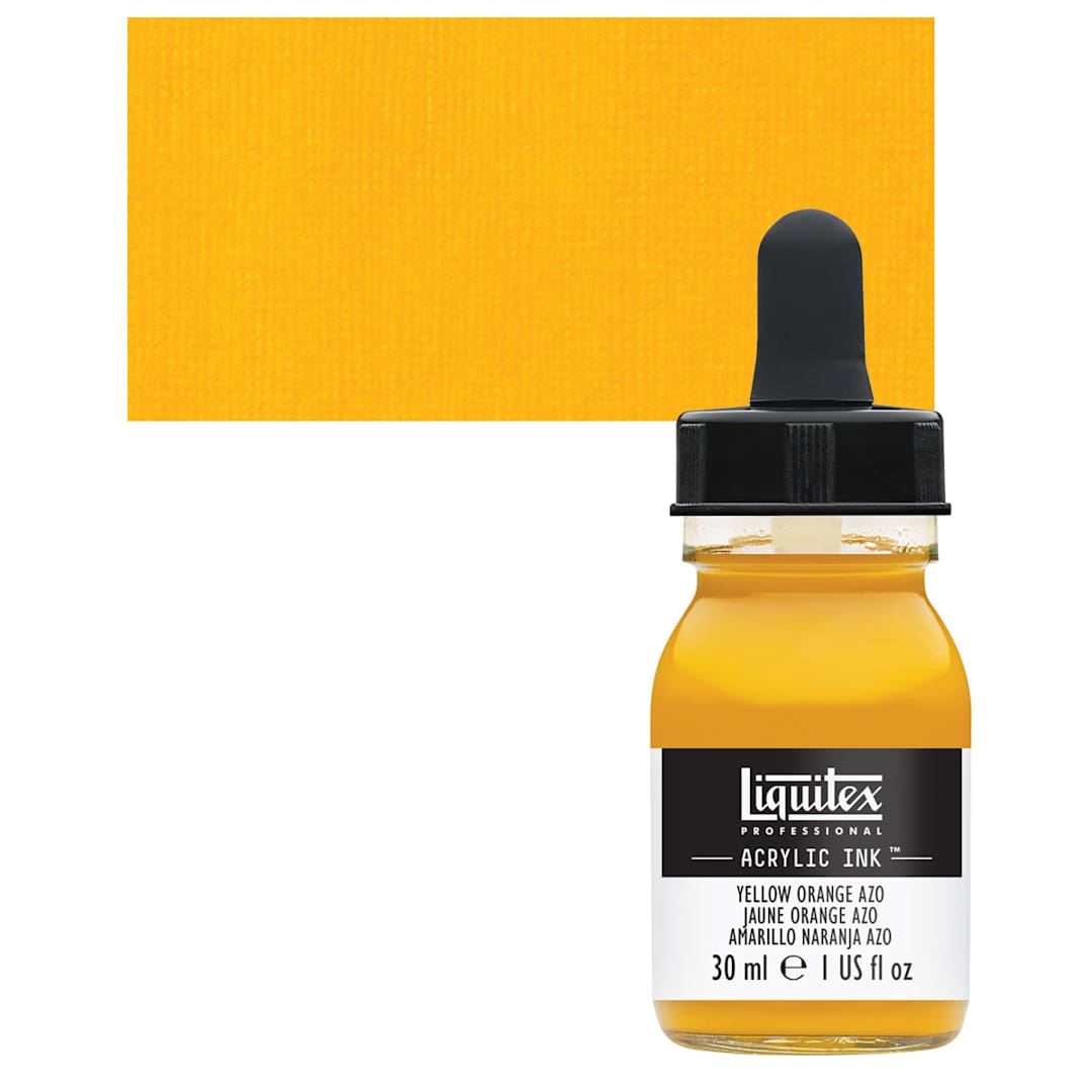 Open in modal - Liquitex Professional Acrylic Ink - Yellow Orange Azo bottle and swatch