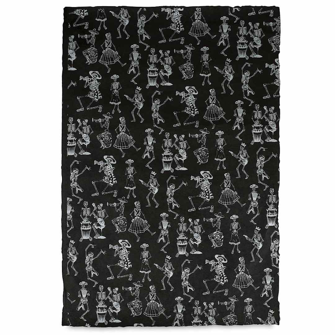 Open in modal - Lokta Paper - Dancing Skeletons, Silver and Black, 20'' x 30''