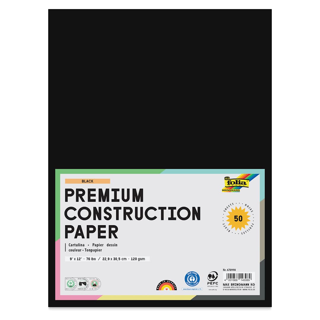 Open in modal - Folia Premium Construction Paper - Pkg of 50, Black, 9" x 12", front of packaging