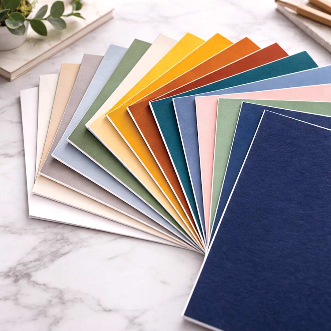 Open in modal - Crescent Berkeley White Core Matboard, a selection of colors fanned out on tabletop.