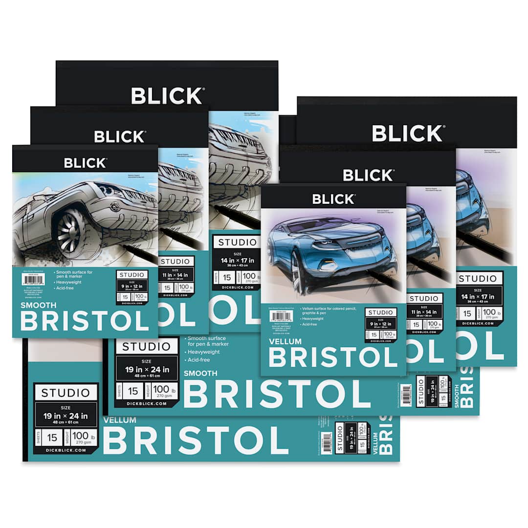 Open in modal - Blick Studio Bristol Pads, front covers of Smooth and Vellum pads in available sizes