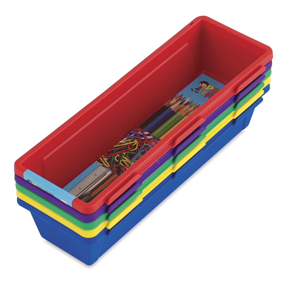 Open in modal - Storex Interlocking Trays - 5 trays stacked at an angle
