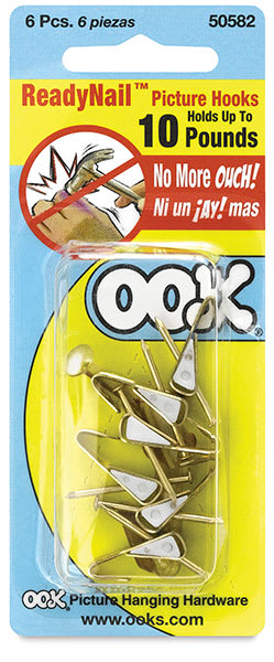Open in modal - Ook ReadyNail Conventional Picture Hangers - Front of blister package of 6 10 lb hangers
