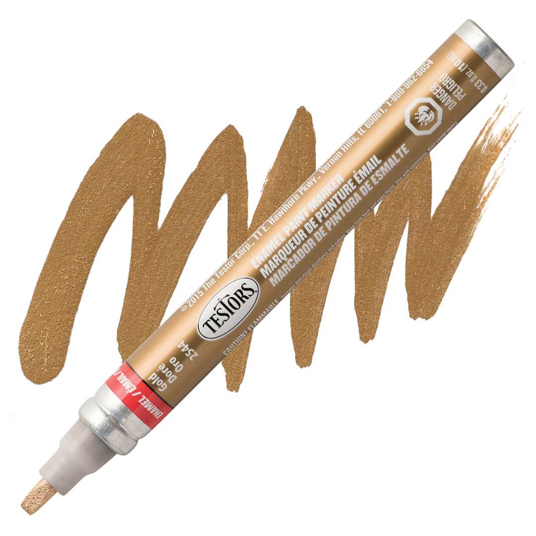 Open in modal - Testors Enamel Paint Marker - Gold (Metallic) marker and swatch