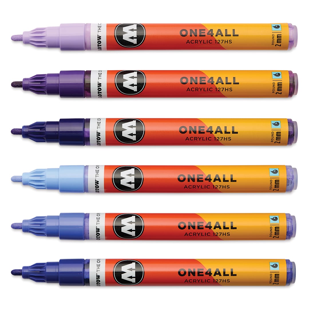 Open in modal - Molotow One4All Acrylic Markers - Set of 6, Violet Colors, 2 mm, caps off