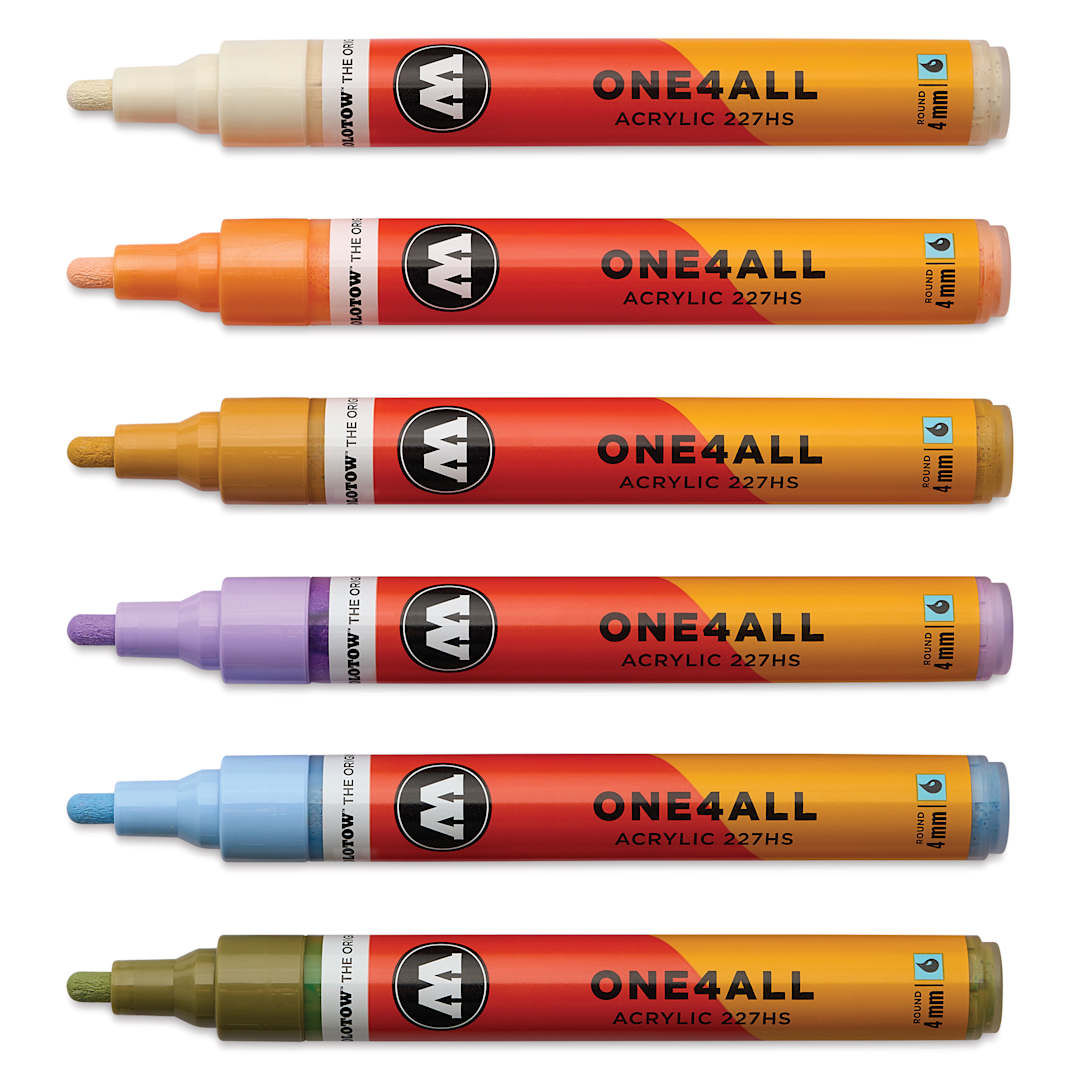 Open in modal - Molotow One4All Acrylic Markers - Set of 6, Pastel Modern Colors, 4 mm, caps off