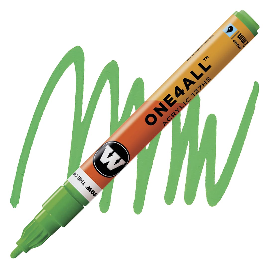 Open in modal - Molotow One4All Acrylic Marker - 2 mm Tip, Universes Green, Bullet Tip marker and swatch