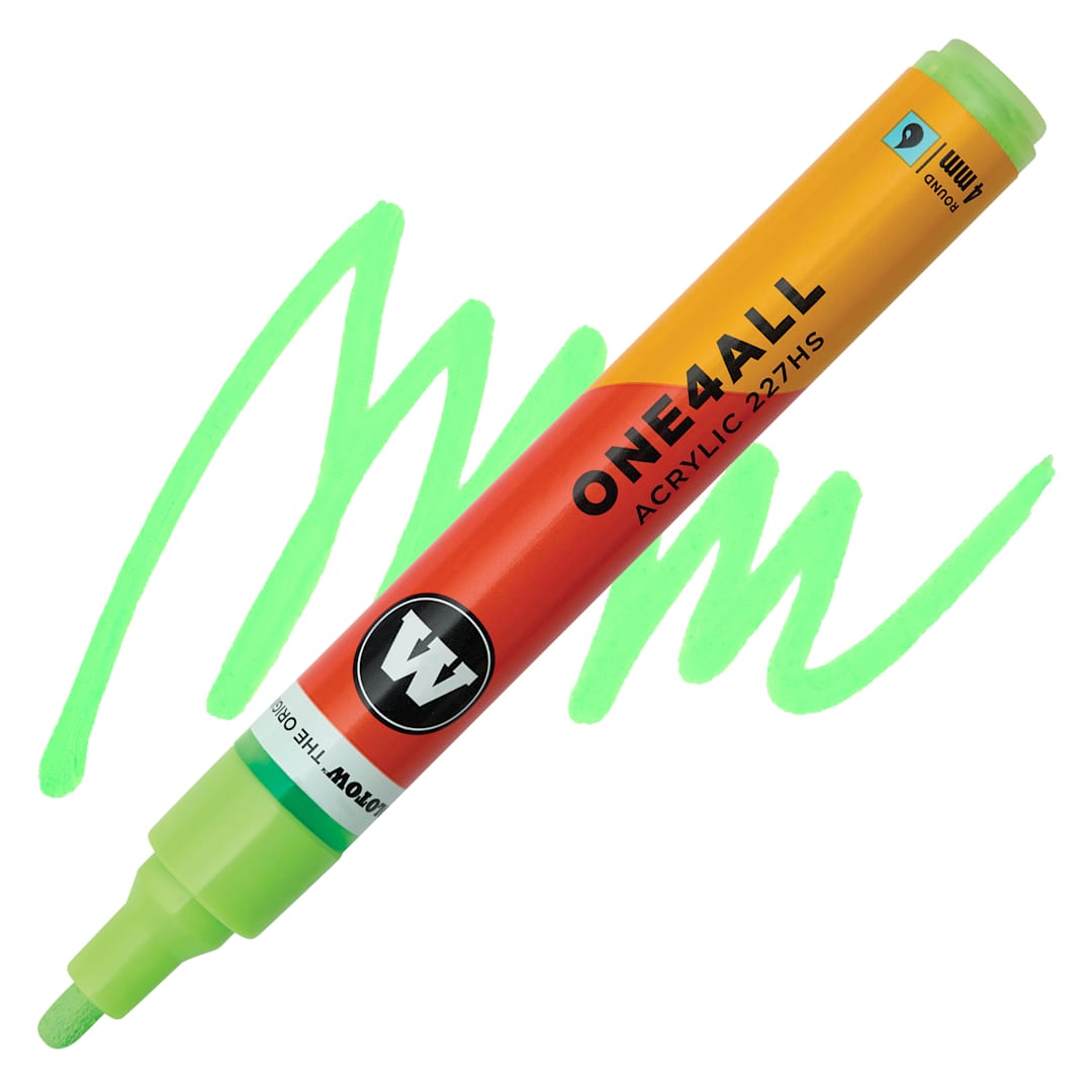 Open in modal - Molotow One4All Acrylic Marker - 4 mm Tip, Neon Green Light Fluorescent, Bullet Tip, swatch and marker