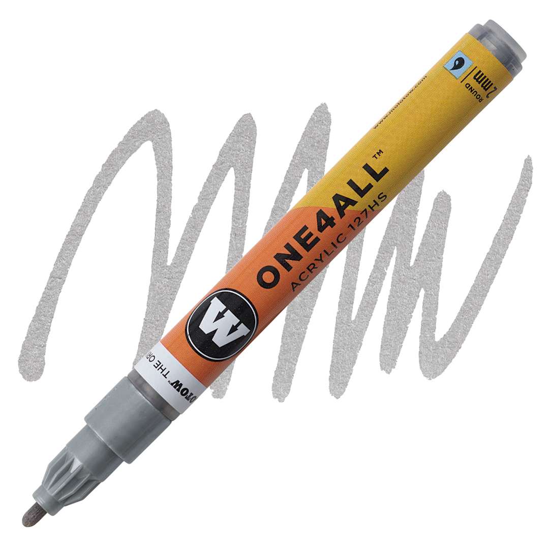 Open in modal - Molotow One4All Acrylic Marker - 2 mm Tip, Metallic Silver, Bullet Tip marker and swatch