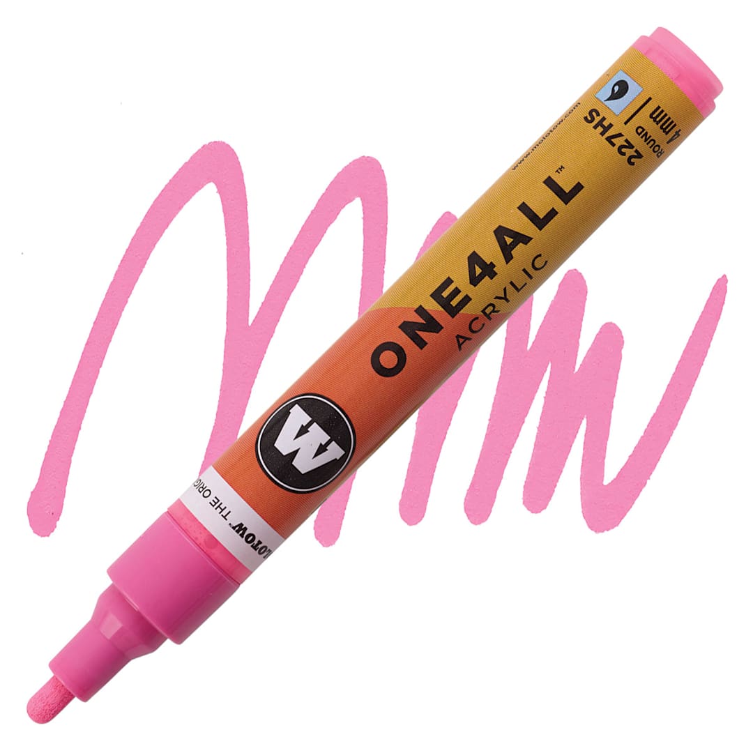 Open in modal - Molotow One4All Acrylic Marker - 4 mm Tip, Neon Pink, Bullet Tip marker and swatch