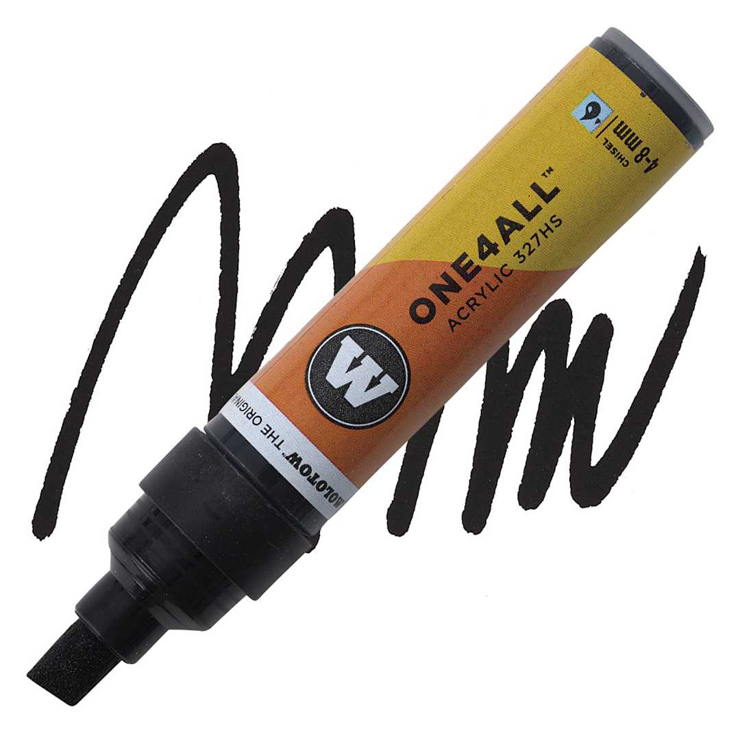 Open in modal - Molotow One4All Acrylic Marker - 4 mm Tip, Signal Black, Chisel Tip marker and swatch