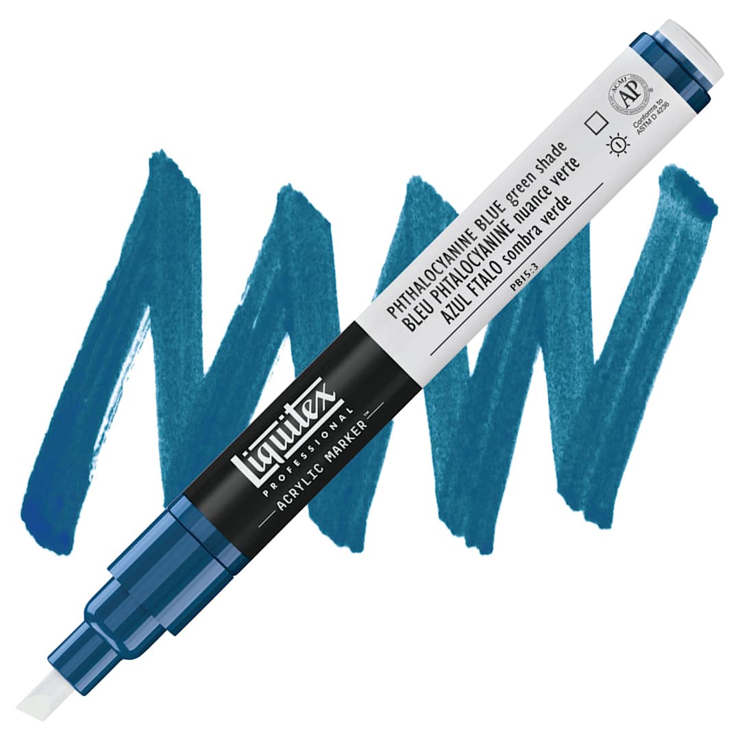 Open in modal - Liquitex Paint Marker - Phthalocyanine Blue (Green Sade), 2mm Tip marker and swatch