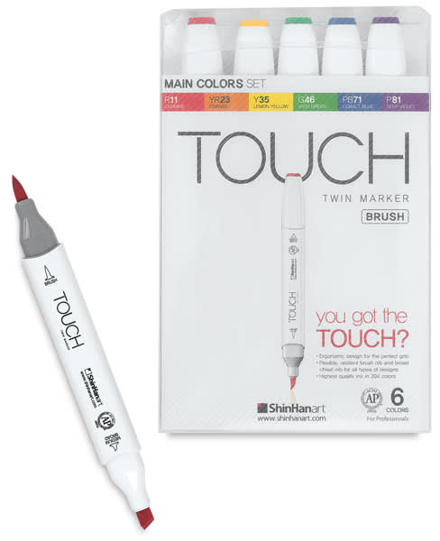 Open in modal - Touch Twin Brush Marker Sets - Open package of set of 6 with one marker removed and uncapped
