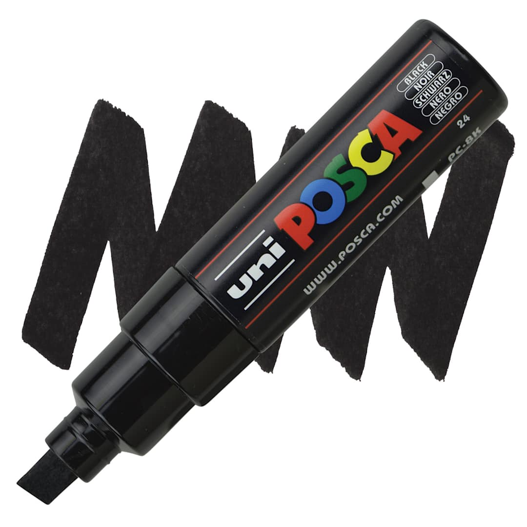 Open in modal - Posca Paint Marker - Black, Broad Chisel, 8 mm marker and swatch