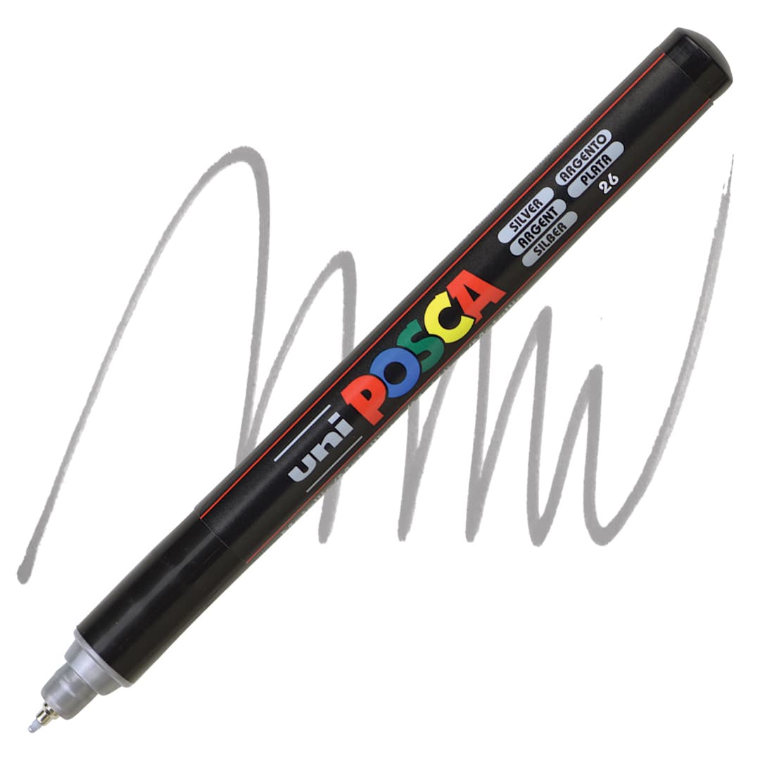 Open in modal - Uni Posca Paint Marker - Silver, X-Fine Tip, 0.7 mm marker and swatch