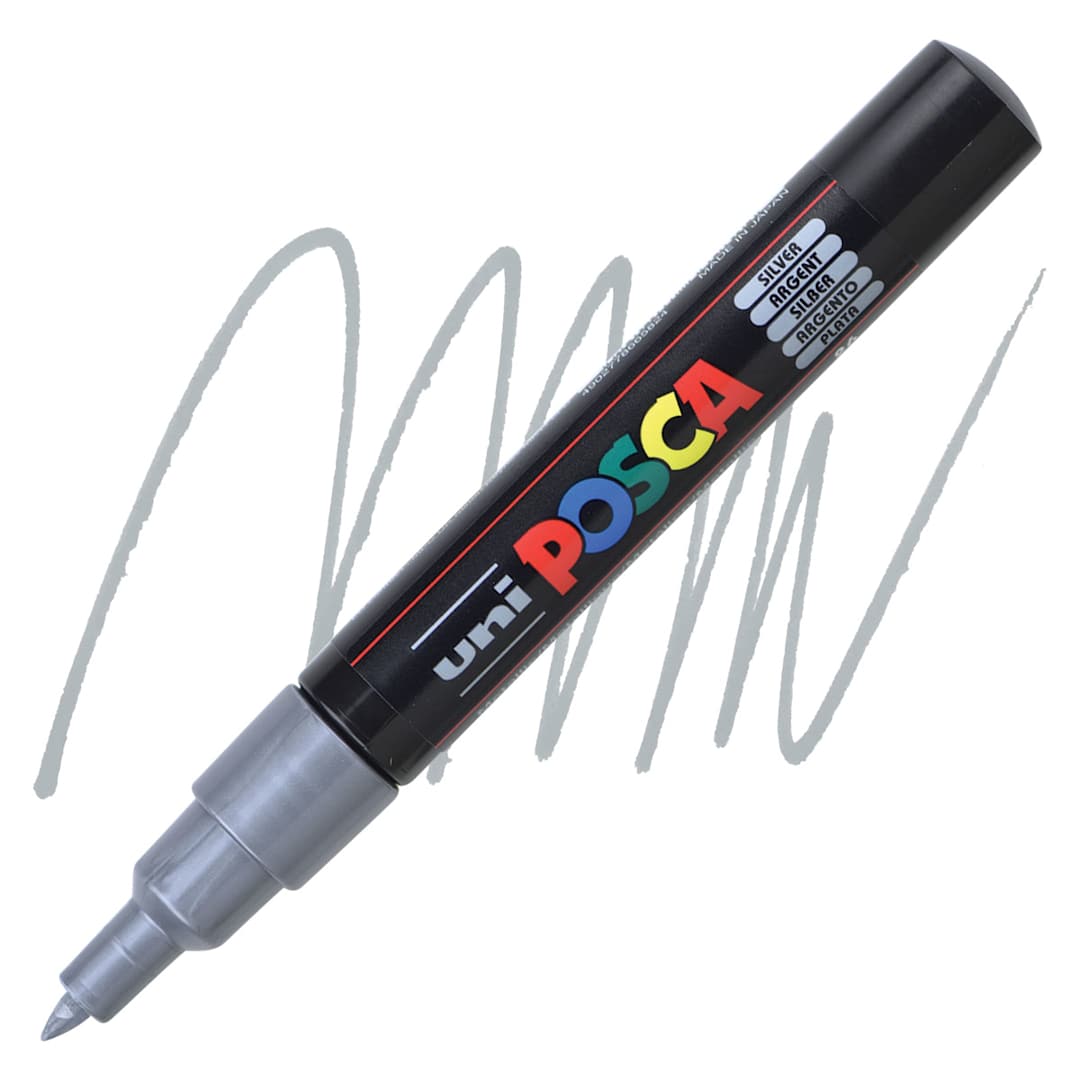 Open in modal - Uni Posca Paint Marker - Silver, X-Fine, Bullet Tip, 0.7 mm marker and swatch