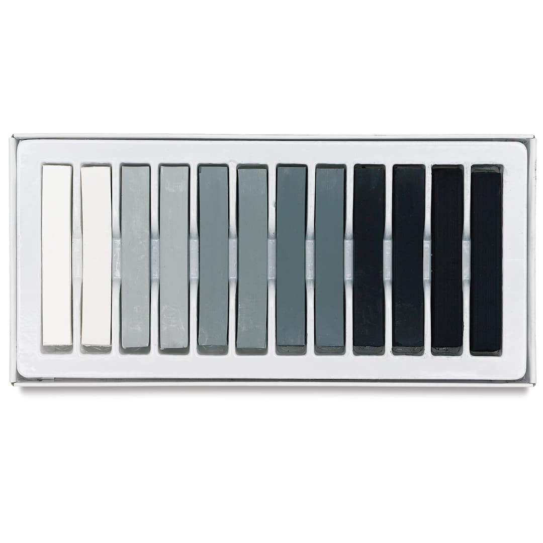 Open in modal - Blick Studio Pastels - Graytone Colors, Set of 12. Open tray of pastels in one row.