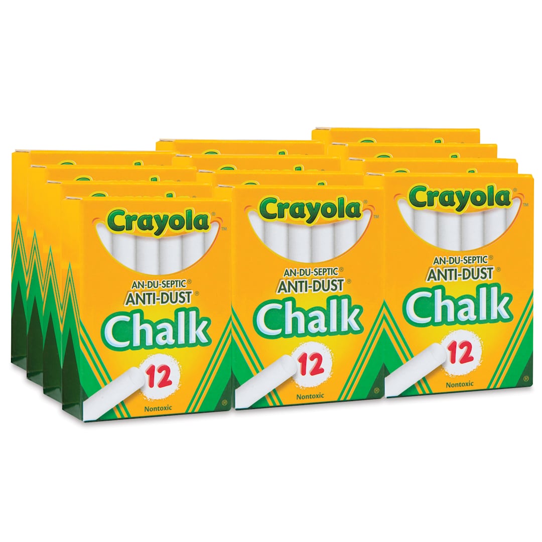 Open in modal - Crayola Anti-Dust Chalk - White, Pack of 144, individual packs of 12 shown
