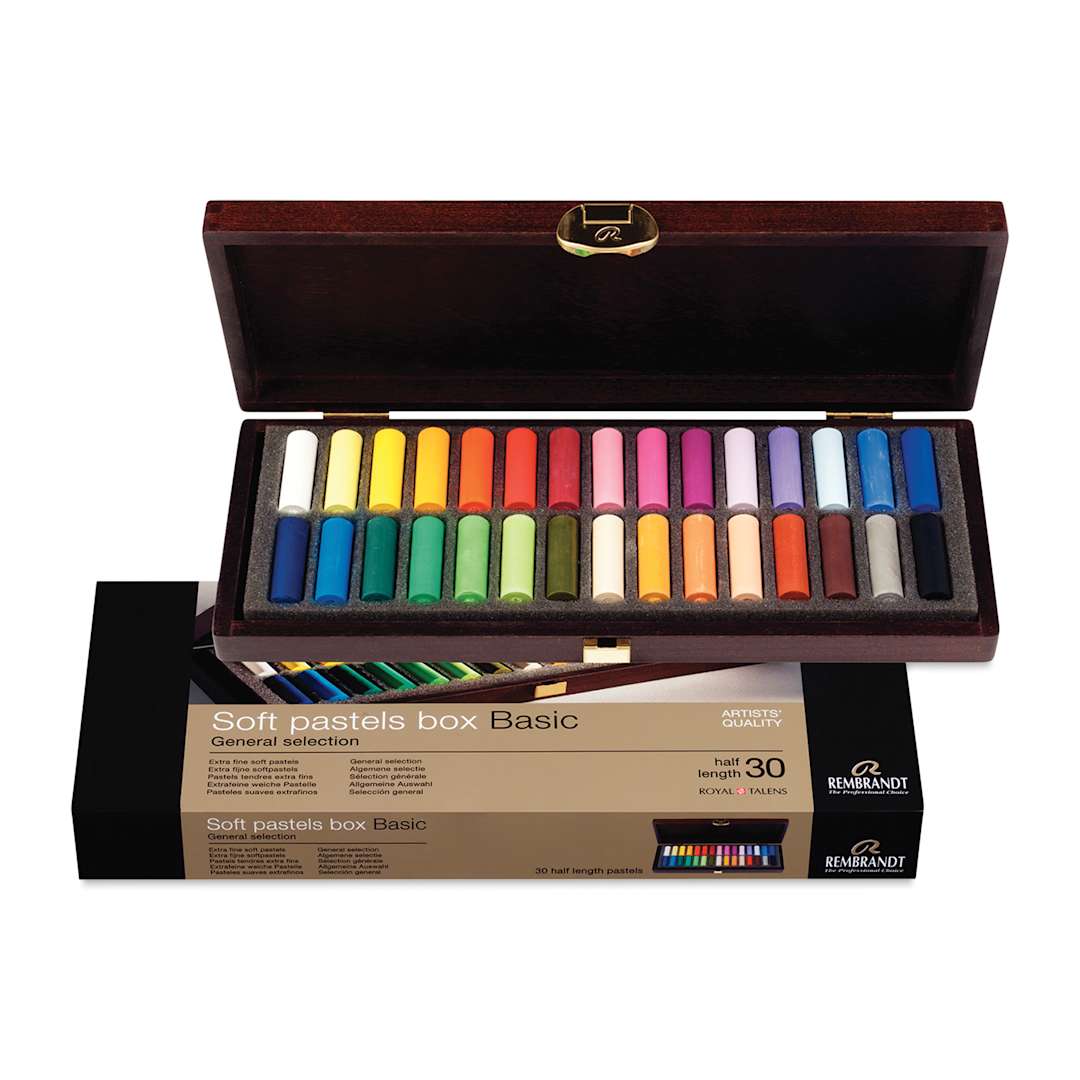 Open in modal - Rembrandt Soft Pastel Set - Assorted Colors, Half Sticks, Wood Box, Set of 30, open packaging