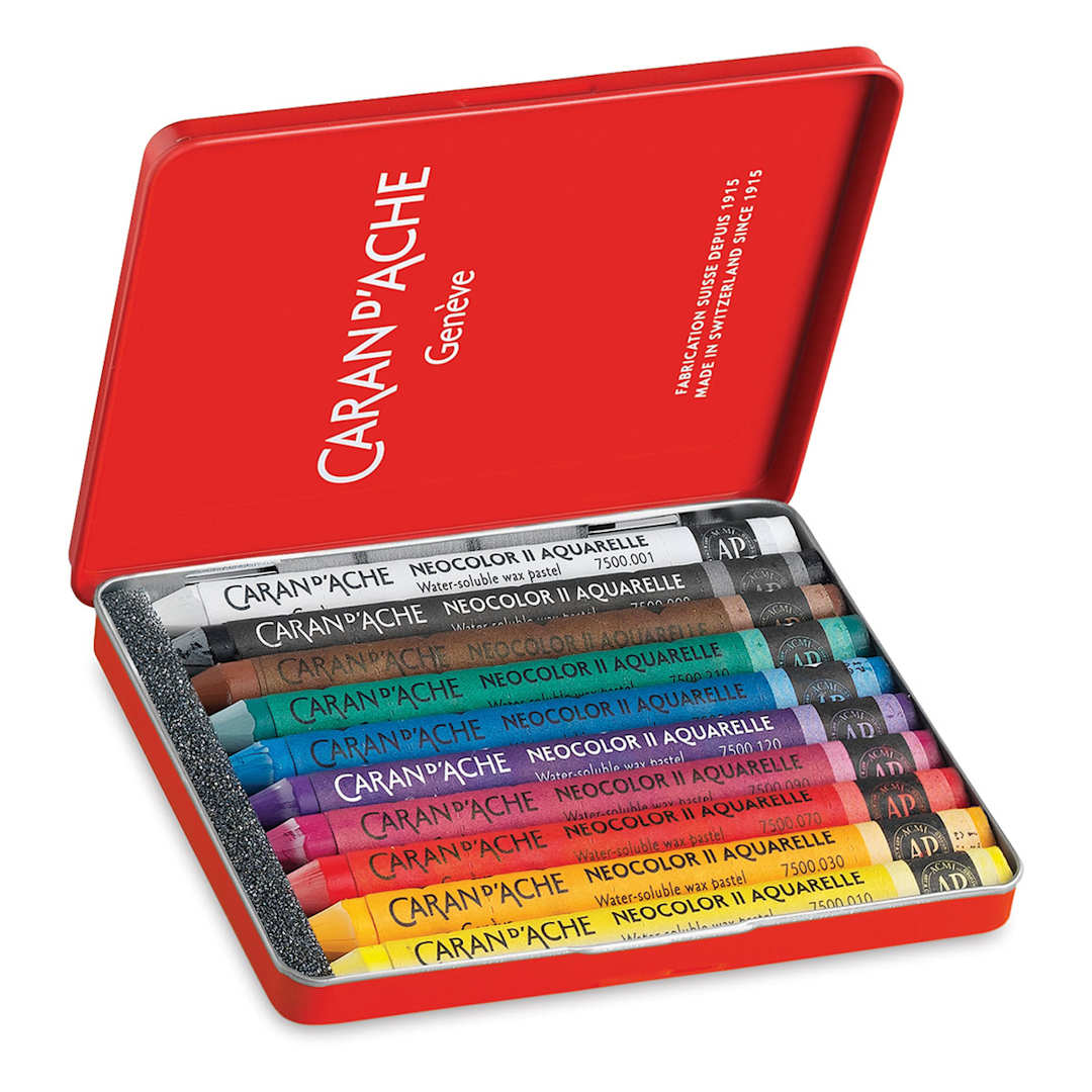Open in modal - Caran d'Ache Neocolor II Aquarelle Artists' Pastels - Set of 10, Assorted Colors, open packaging showing contents