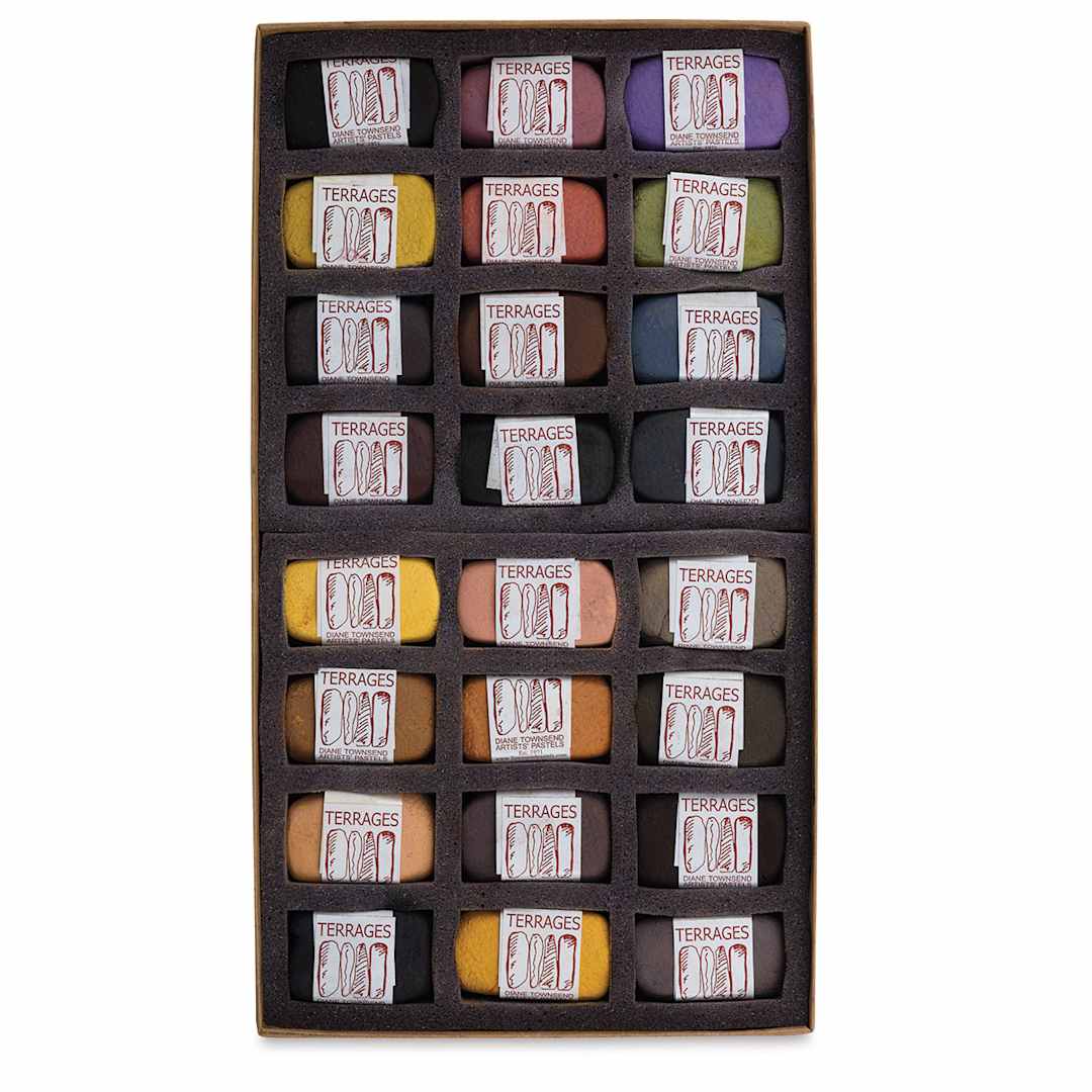 Open in modal - Townsend Terrages Pastel Set of 24 Earth and Shadows Colors shown in cushioned open box