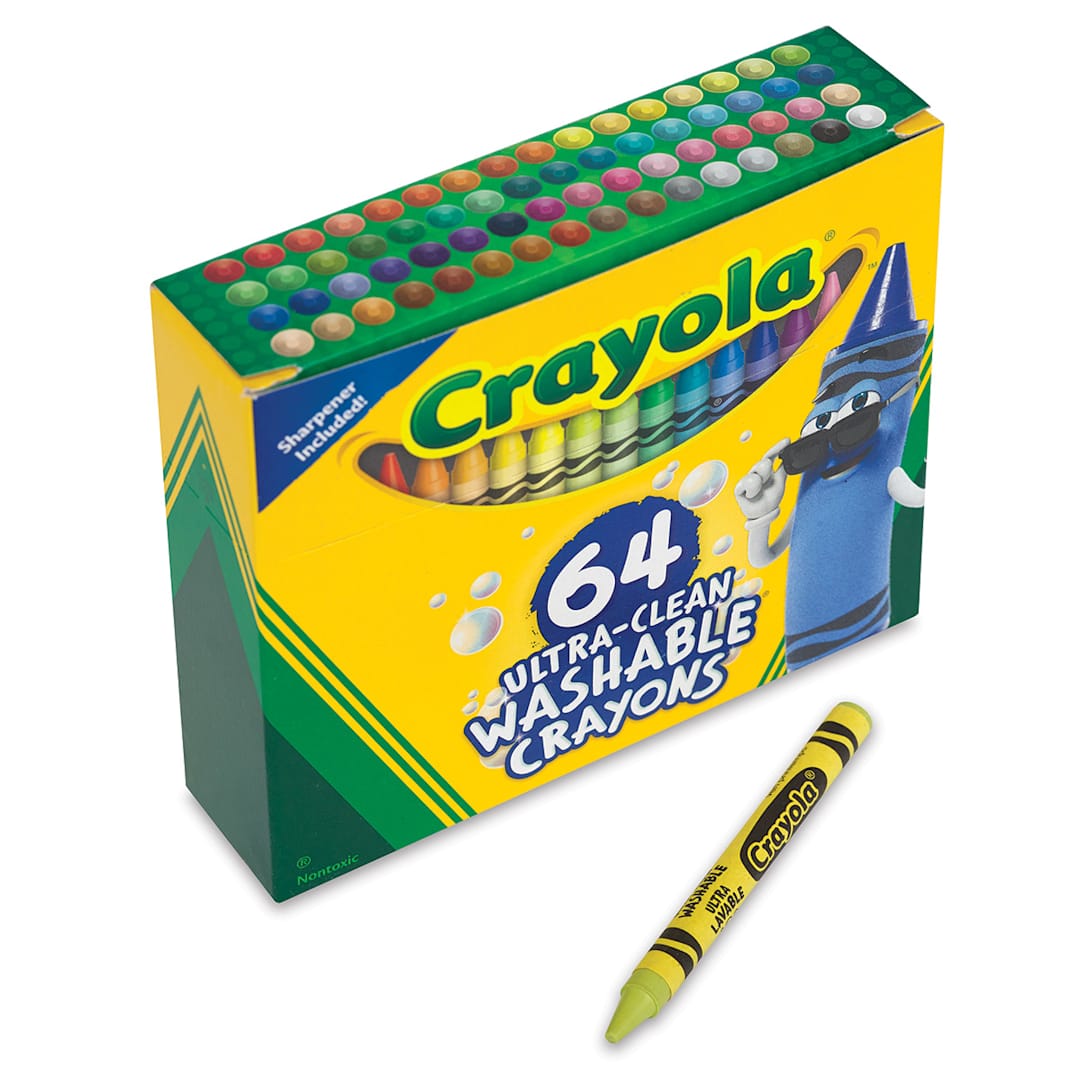 Open in modal - Crayola Ultra-Clean Washable Crayons - Angled package of 64 Regular size Crayons with one removed