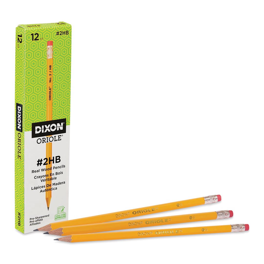 Open in modal - Dixon Oriole No. 2 Pencils - HB, Pkg of 12, three pencils laid out in front of packaging