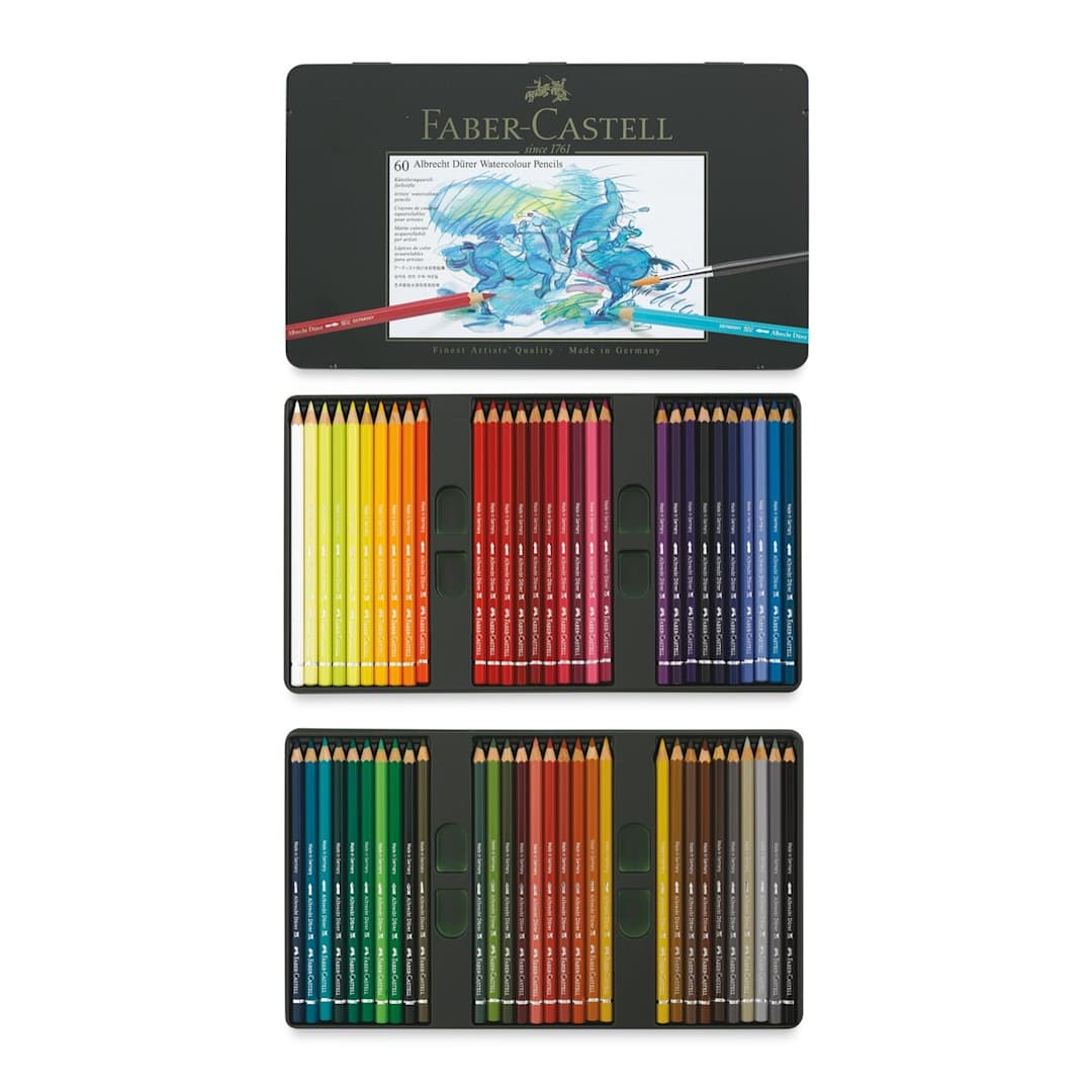 Open in modal - Faber-Castell Albrecht Durer Watercolor Pencils - Set of 60 (front of package and contents)