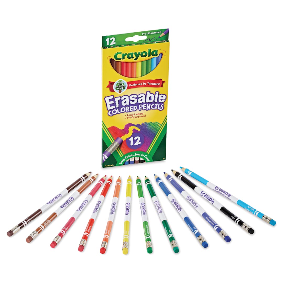 Open in modal - Crayola Erasable Colored Pencils - Assorted Colors, Set of 12 - packaging with pencils laid out in front