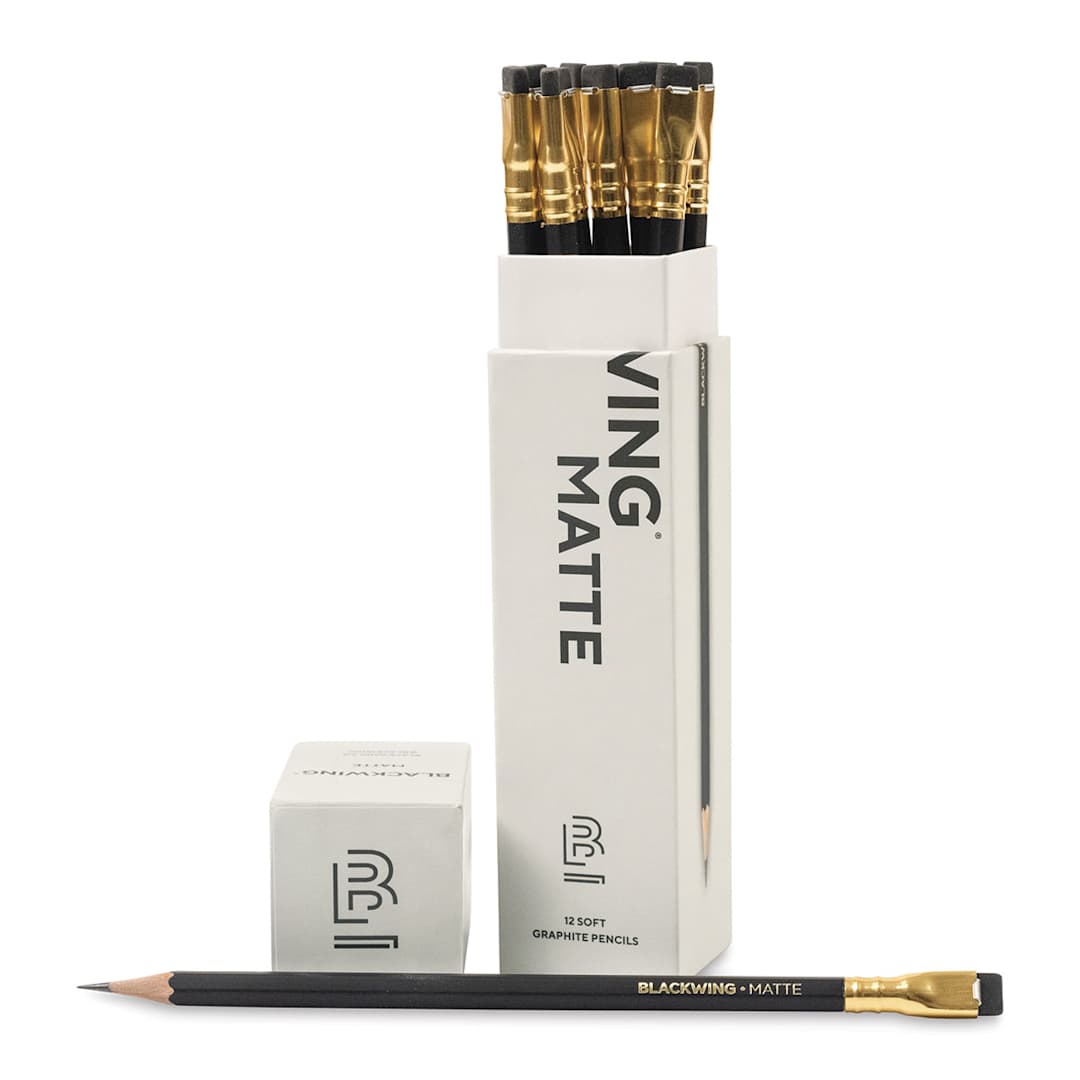 Open in modal - Blackwing Pencils - Matte Black, Pkg of 12, Soft, one pencil laid out in front of the opened package