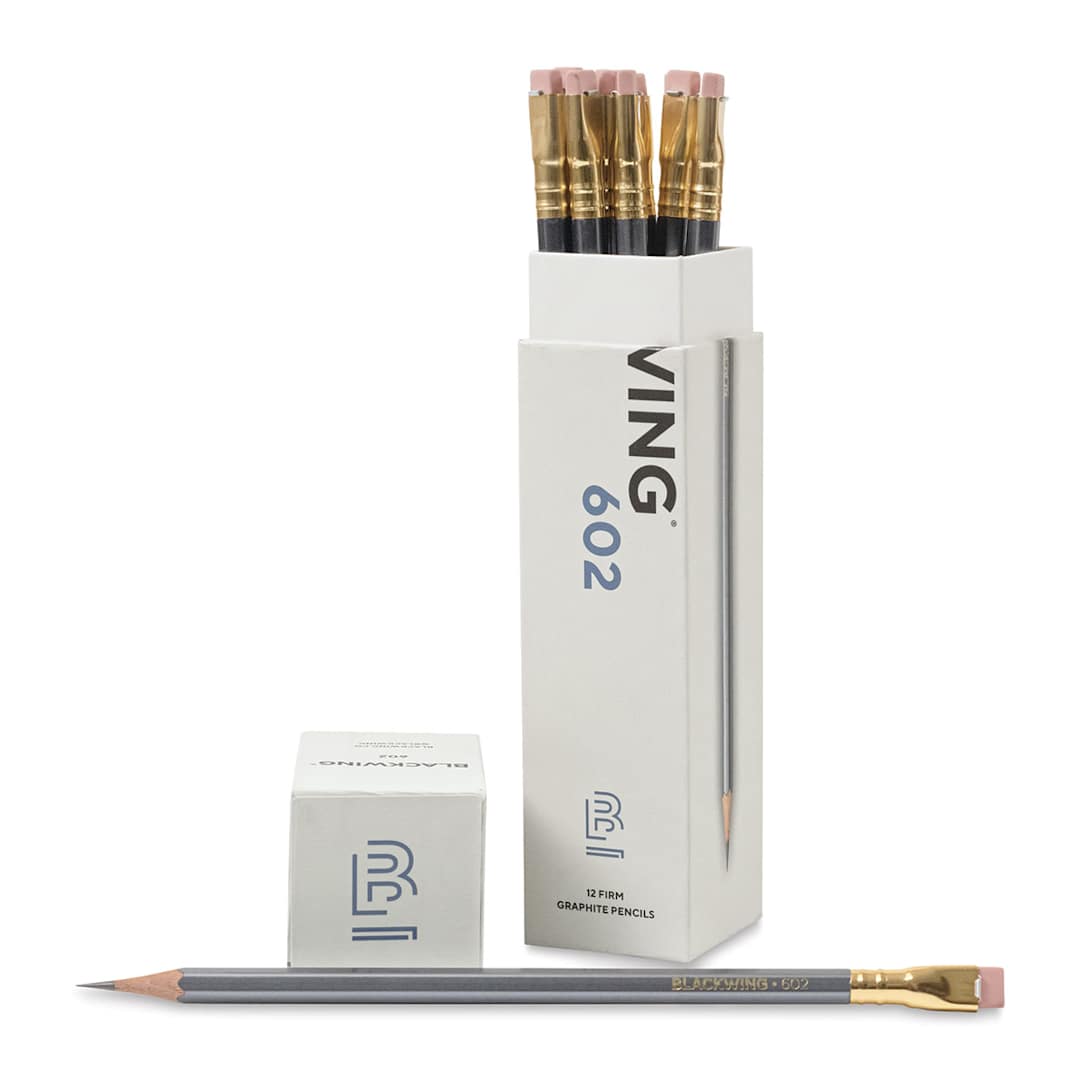Open in modal - Blackwing Pencils - 602 Gunmetal Gray, Pkg of 12, one pencil laid out in front of the opened package