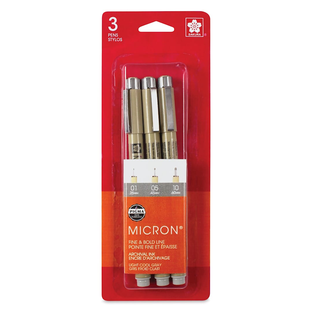 Open in modal - Sakura Pigma Micron Pens - Set of 3, Light Cool Gray, Fine and Bold Sizes, packaging