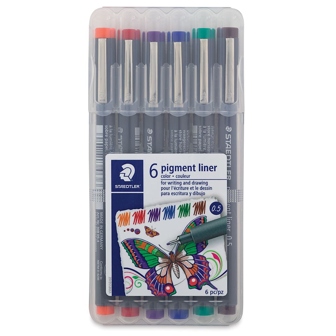 Open in modal - Staedtler Pigment Liner Pens - Set of 6, Assorted Colors, Fine Tip, 0.5 mm