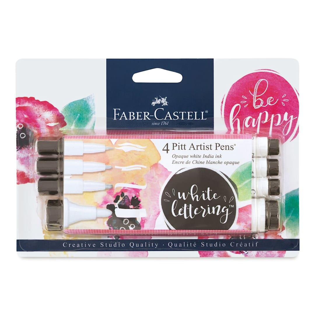 Open in modal - Faber-Castell Pitt Artist Pens - White Lettering Set, Set of 4, Assorted Nibs (front of package)