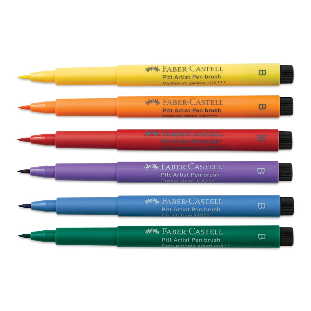 Open in modal - Faber-Castell Pitt Artist Pens- Color Wheel Colors, Set of 6, Brush Nib (markers with caps removed)