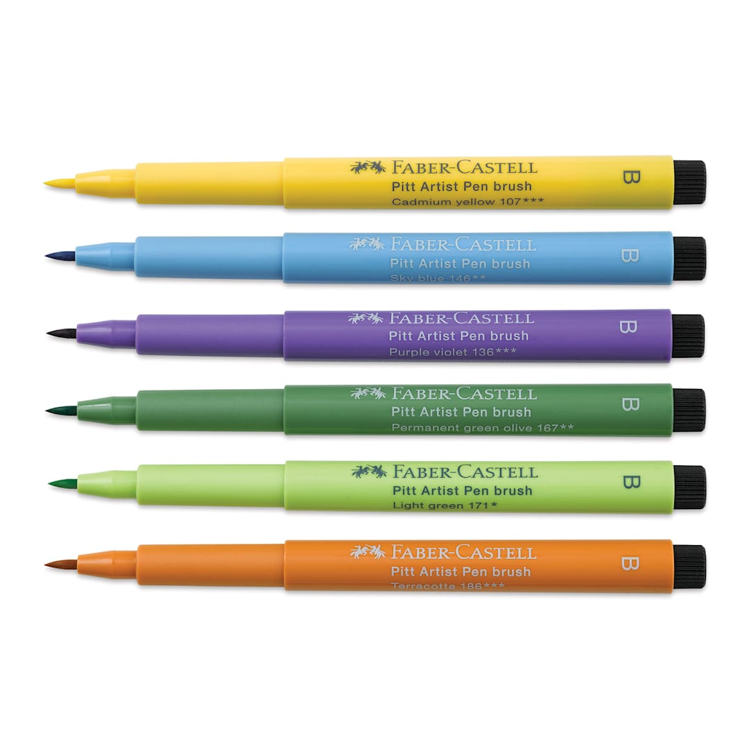 Open in modal - Faber-Castell Pitt Artist Pens- Summer Vibe Colors, Set of 6, Brush Nib (markers with caps removed)