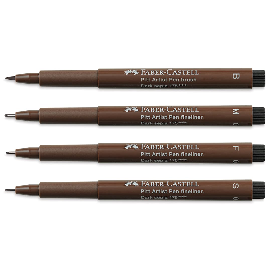 Open in modal - Faber-Castell Pitt Artist Pen Set - Sepia Wallet Set, Set of 4, Assorted Nibs