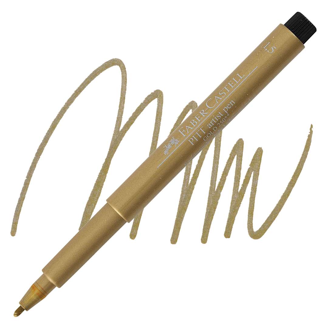 Open in modal - Faber-Castell Pitt Metallic Artist Pen - Gold, Bullet Nib pen and swatch
