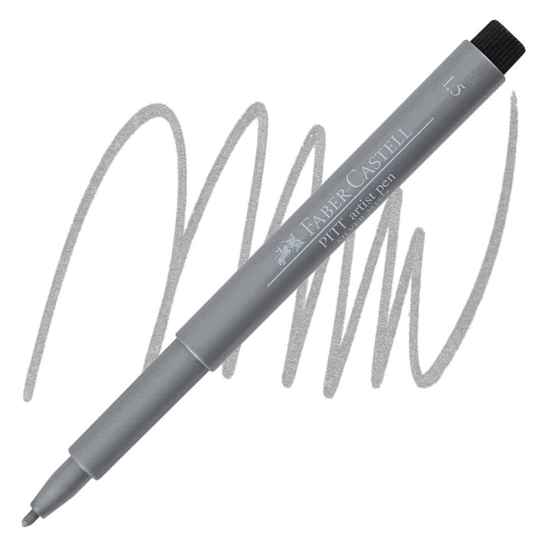 Open in modal - Faber-Castell Pitt Metallic Artist Pen - Silver, Bullet Nib pen and swatch