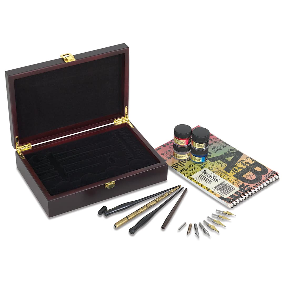 Open in modal - Speedball Calligraphy Set - Components of Wood Box set shown next to wooden case