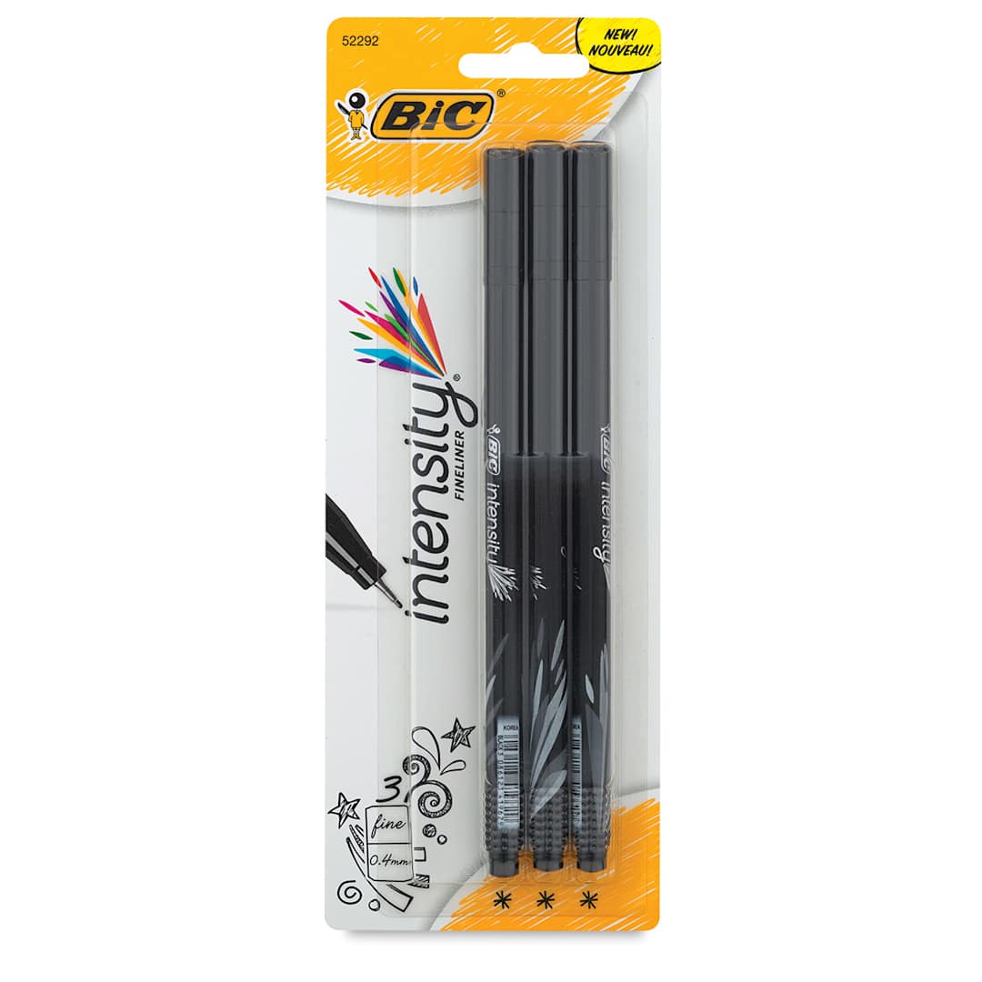 Open in modal - Bic Intensity Fineliner Marker Pen Sets - Front of blister package of 3 pc Pen set
