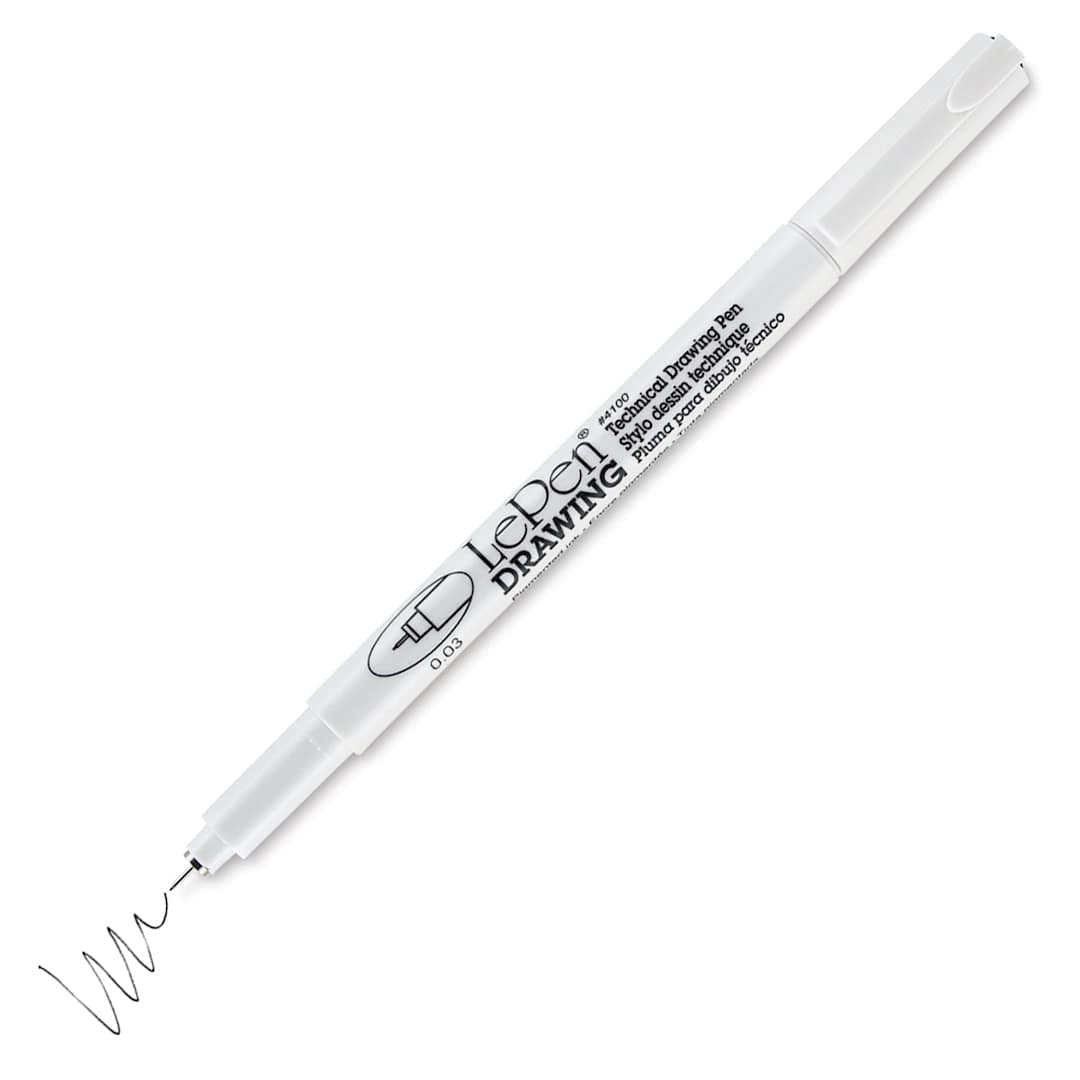 Open in modal - Marvy Uchida LePen Technical Drawing Pen - 0.03 mm Tip, Black (cap off with example swatch)