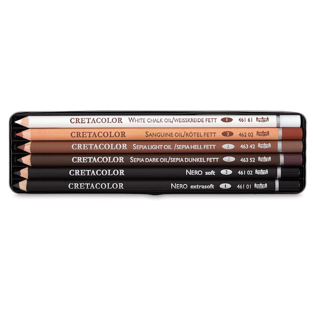 Open in modal - Cretacolor Oil Pencil Drawing Set - 6 Pencils shown in storage tray

