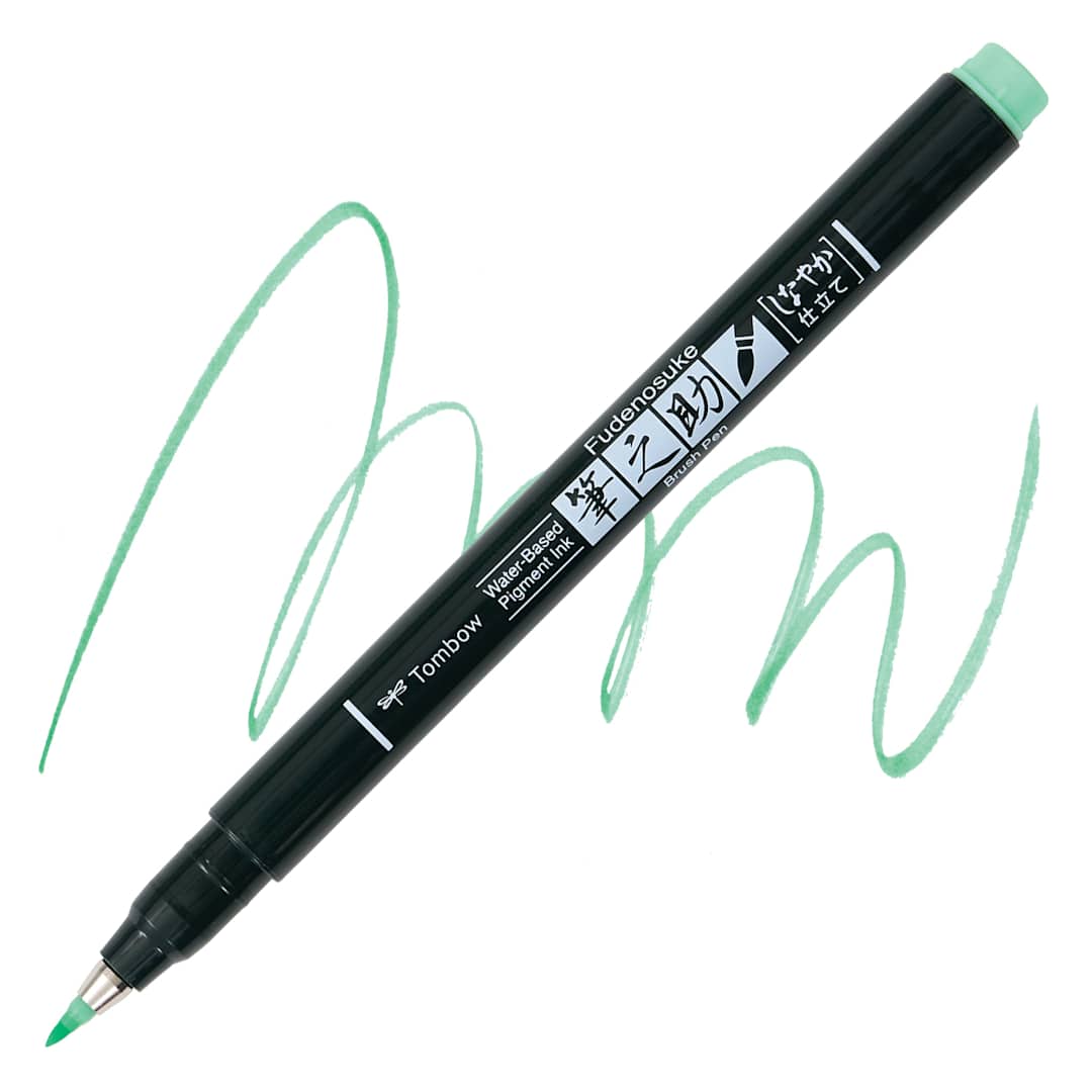 Open in modal - Tombow Fudenosuke Brush Pen - Light Green Pastel, Soft Tip pen and swatch