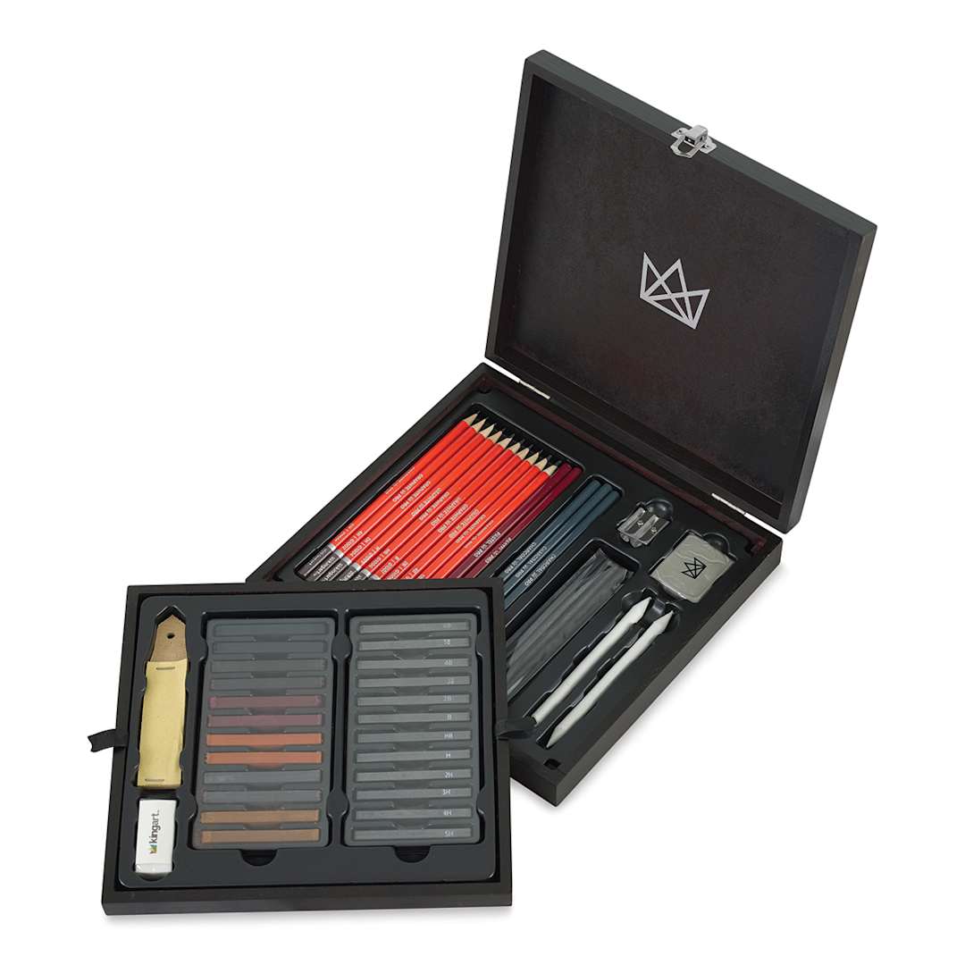 Open in modal - Kingart Sketching Set - Open case with one tray removed showing components of Sketching Set