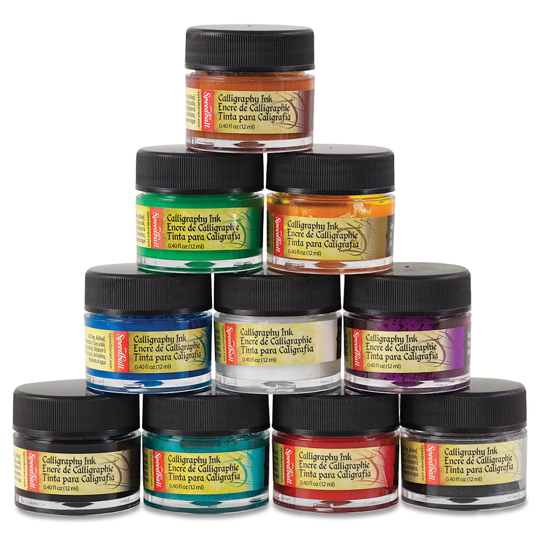 Open in modal - Speedball Calligraphy Inks Sets - Set of 10 colors shown stacked in pyramid