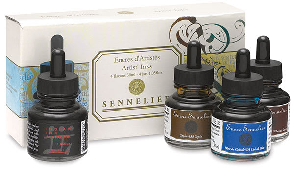 Open in modal - Sennelier Shellac Ink - Set of 4 Inks shown with package
