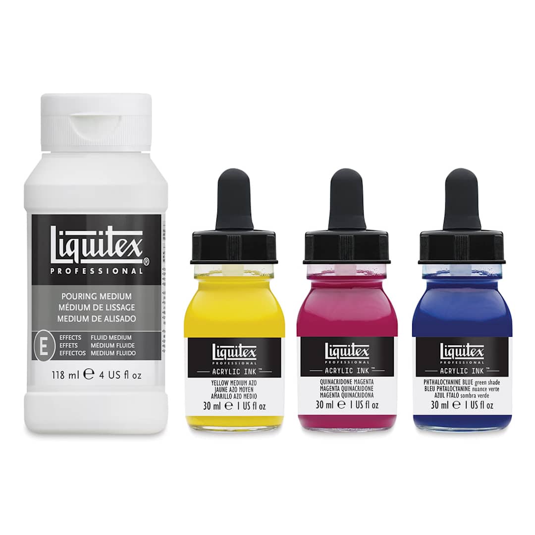 Open in modal - Liquitex Professional Acrylic Ink - Pouring Technique Set - 3 Primary Colors shown with included Pouring Medium bottle
