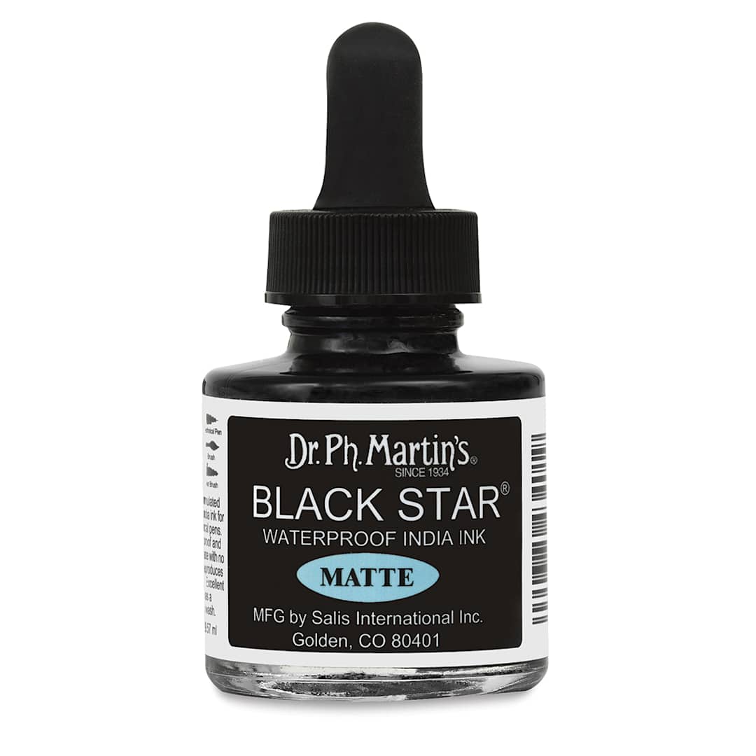 Open in modal - Dr. Ph. Martin's Black Star India Ink - Front of 1oz Matte Ink bottle shown